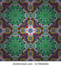 Vector illustration. Ideal for printing on fabric or paper. Abstract seamless pattern in blue, gray and green colors. Square scraps in oriental style.