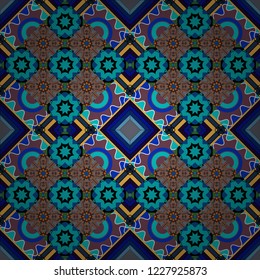 Vector illustration. Ideal for printing on fabric or paper. Abstract seamless pattern in black, brown and blue colors. Square scraps in oriental style.