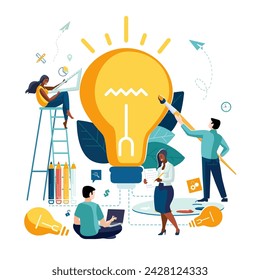 Vector illustration. Ideas matter, for your business, entrepreneurial journey.People with office tools African Americans girls male European creative team drawing new idea.Business development concept