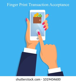 Vector illustration of identification of fingerprint on smartphone . illustration of finger print identification or verification on mobile walletapp or internet banking