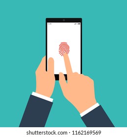 Vector illustration of identification of fingerprint on smartphone in flat style. Concept of illustration of identification of the user on a fingerprint in the mobile phone. Scannings of a fingerprint
