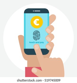 Vector illustration. Identification scannings of a fingerprint in the mobile phone. Touch and pay