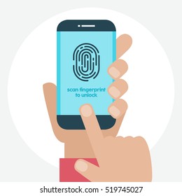 Vector illustration. Identification scannings of a fingerprint in the mobile phone. Scan to unlock.