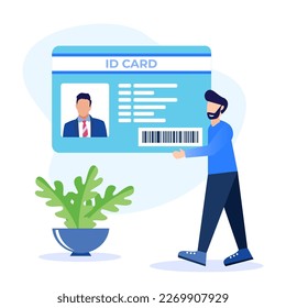 Vector illustration of Identity card concept with photo. Female character identifies document by face.