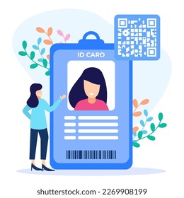 Vector illustration of Identity card concept with photo. Female character identifies document by face.