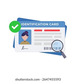 Vector Illustration of Identity Card with Verification Symbol and Magnifying Glass. conveys the concept of ID validation, documentation and identity verification process.