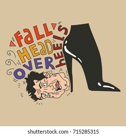 Vector illustration of idiom "Fall head over heels" 