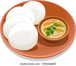 Vector illustration of Idli, south indian main breakfast item which is beautifully arranged in a plate  with sambar as side dish.