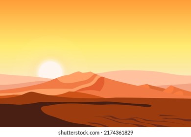 Ilustración vectorial de un idílico paisaje desértico con cactus de Saguaro al atardecer. 
