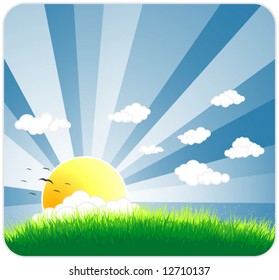 Vector illustration of an idyllic sunny nature background with a blue gradient stripes sky, birds, green grass layers of grass and romantic sky.