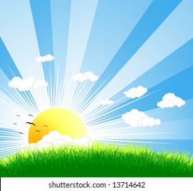 Vector illustration of an idyllic sunny nature background with a blue gradient stripes sky, birds, green grass layers of grass and romantic sky.