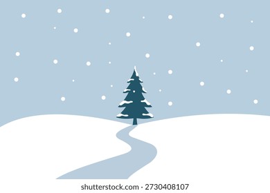 Vector illustration of an idyllic winter scene with a pine tree on a snow-covered hill, a winding path, and fine snowfall against a light blue sky. Exudes tranquility, seclusion, and winter charm