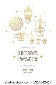 Vector illustration for Iftar party celebration. Gold card with lantern, arabic coffee mug, stars. Invitation for Muslim feast of the holy of Ramadan month. Illustration.