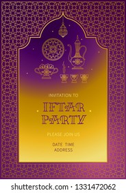 Vector illustration for Iftar party celebration. Gold card with lantern, arabic coffee mug, stars, arch. Invitation for Muslim feast of the holy of Ramadan month. Illustration.