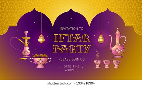 Vektorillustration-Illustration für Iftar-Feierlichkeiten. Goldkarte mit Laterne, arabischer Kaffeekrug, Hookah, Sterne, Bogen. Einladung für das muslimische Fest des heiligen Ramadan-Monats.  Illustration.