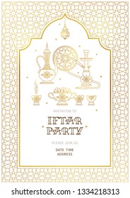 Vector illustration for Iftar party celebration. Gold card with lantern, arabic coffee mug, hookah, stars, arch. Invitation for Muslim feast of the holy of Ramadan month. Illustration.