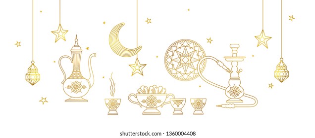 Vector illustration for Iftar party celebration. Gold card with lantern, arabic coffee mug, stars, arch. Invitation for Muslim feast of the holy of Ramadan month. Islamic illustration.