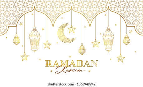 Ilustración vectorial para la celebración de la fiesta de Iftar. Tarjetas de oro con farolillos árabes, estrellas, media luna, arco. Invitación a la fiesta musulmana del mes sagrado del Ramadán. Ilustración islámica.