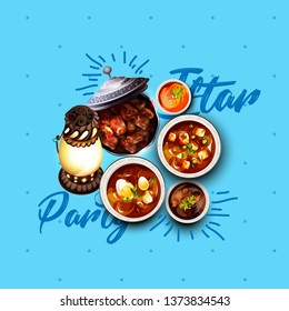 Vector illustration of  iftar party with traditional Arabic dishes ,  Ramadan Kareem background. 
