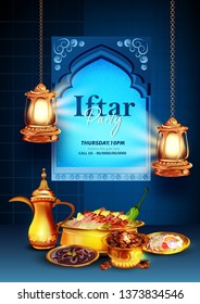 Vector illustration of  iftar party with traditional Arabic dishes ,  Ramadan Kareem background. 
