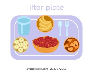 Ilustração vetorial de um prato Iftar, uma refeição tradicional para quebrar rápido durante o Ramadã, com tâmaras, bananas, doces, bolos e um copo de água em uma bandeja.