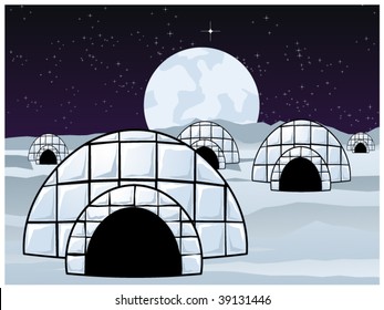 vector illustration of an igloo village at night..clipping masks used