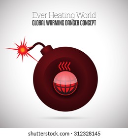 Vector Illustration Of Ignited Time Bomb With Heating Up World Symbol.