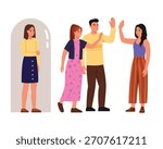 Vector illustration of ignoring, discriminating against a girl. Cartoon scene: a group of guys and girls greet, communicate, ignore, do not accept a girl to their team, isolated on a white background.