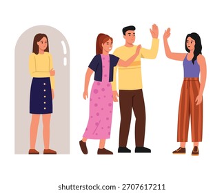 Ilustración vectorial de ignorar, discriminar a una chica. Escena de dibujos animados: un grupo de chicos y chicas saludan, se comunican, ignoran, no aceptan a una chica en su equipo, aislados sobre un fondo blanco.