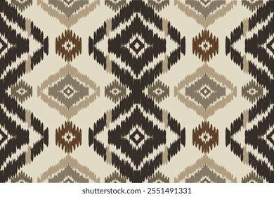 Vector illustration of an Ikat fabric pattern in a traditional tribal style using earth tones. Simple yet attractive geometric repeating symmetrical patterns for designing websites, graphics, textiles