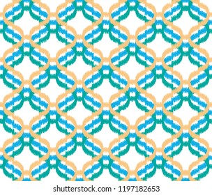 Vector illustration of ikat fabric. Yellow and turquoise mint ogee pattern. Seamless geometric pattern.