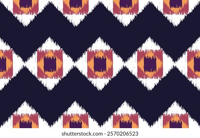 Vector illustration of an ikat pattern. The intricate design features a combination of navy blue, white, pink, and orange colors.Perfect for textile, wallpaper, and graphic design projects.