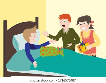 Vector Illustration of a Ill Boy, Children are Visiting Their Patient Friend at Home, Visitor