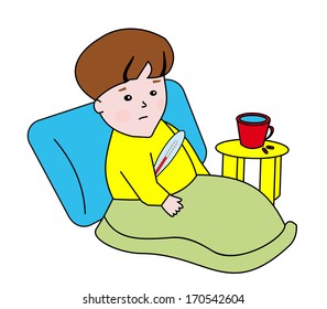 Vector illustration of a ill boy lying with a thermometer in a bed.