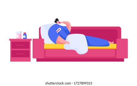 Vector illustration of ill male drinking remedy and measuring temperature while lying on soft couch and resting during epidemic at home