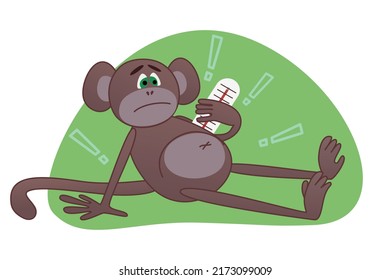 Vector illustration of an ill monkey with thermometer showing fever on green background. New Monkeypox 2022 virus. Ape in cartoon style isolated.