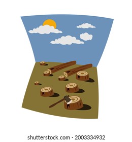 Vector illustration, illegal felling of trees in nature.