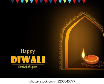 Vector illustration of Illuminated / burning oil line art decorated floral diya on Diwali Holiday, ancient Hindu festival of lights, Original calligraphic inscription of Happy Deepavali  stylish text.