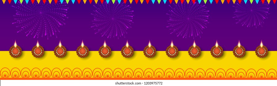 Vector illustration of Illuminated / burning oil line art decorated floral diya on Diwali Holiday, ancient Hindu festival of lights, Original calligraphic inscription of Happy Deepavali  stylish text.