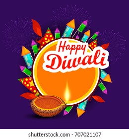 Vector illustration of Illuminated / burning oil, line art decorated floral diya / lamp of Diwali Holiday,  with text of Happy Diwali in stylish font , decorated with firework cracker.