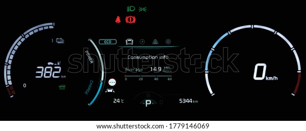 Vector illustration of illuminated car dashboard\
panel in full electric vehicle. Modern digital cluster with\
speedometer, odometer, average consumption info and battery range\
display. Close up shot.