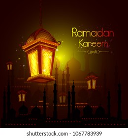 vector illustration of illuminated lamp for Ramadan Kareem ( Greetings for Ramadan) background with Islamic Mosque
