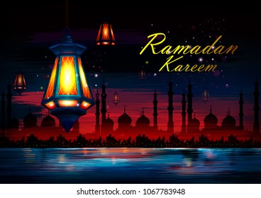 vector illustration of illuminated lamp for Ramadan Kareem Greetings for Ramadan background with Islamic Mosque