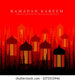 vector illustration of illuminated lamp for Ramadan Kareem ( Greetings for Ramadan) background with Islamic Mosque