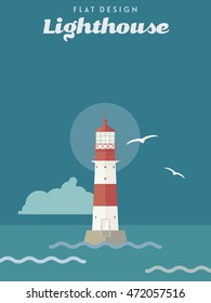 Ilustración vectorial del faro iluminado por la noche, estilo vintage