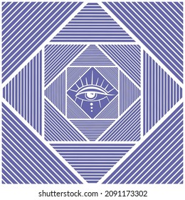 Vector illustration of an illusion of squares receding into the distance with an eye inside. Seamless pattern, endless drawing. 