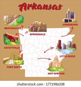 Vector illustration illustrated map of Arkansas the biggest cities