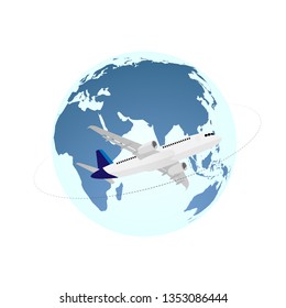 vector illustration with the image of an airplane flying on the background of the globe