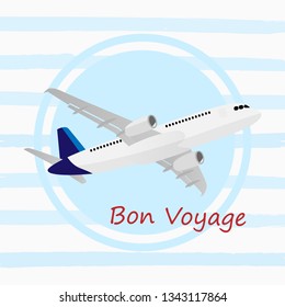 vector illustration with the image of an airplane on a striped background with an inscription bon voyage