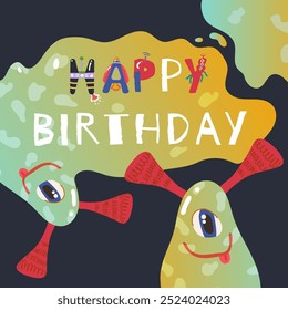 Vector illustration with the image of aliens and the inscription happy birthday